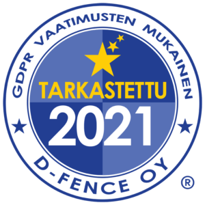 GDPR Vaatimusten mukainen sertifikaatti, jonka on myöntänyt D-Fency Oy.