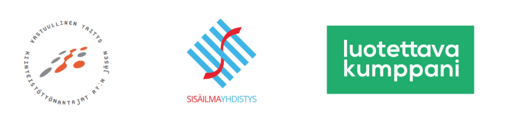 Kiinteistötyönantajat ry:n jäsen logo, Sisäilmayhdistys-logo sekä luotettava kumppani-logo