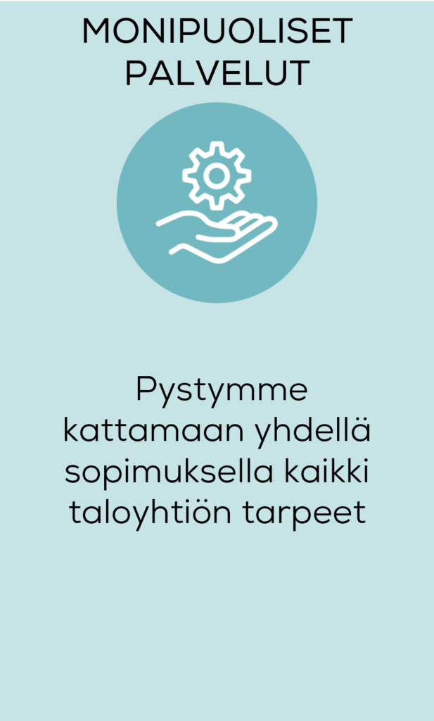Tekstikortti: Monipuoliset palvelut. Pystymme kattamaan yhdellä sopimuksella taloyhtiön tarpeet.